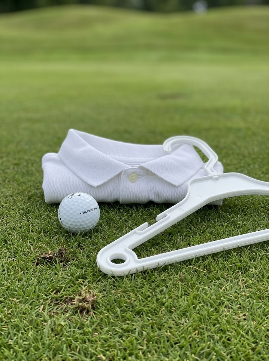 A white golf shirt folded with a plastic hanger and a golf ball resting on the green putting surface.