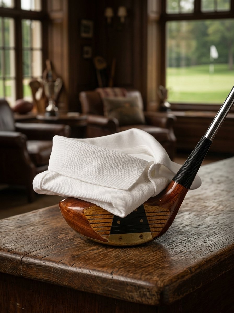 Folded white polo shirt sitting on top of an antique wooden golf club head inside a clubhouse.
