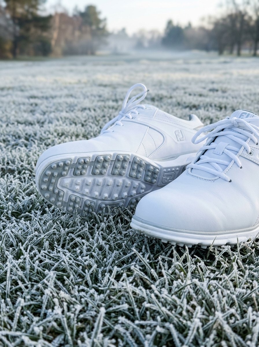 A pair of white athletic golf shoes sitting on frosty winter grass in a morning landscape.
