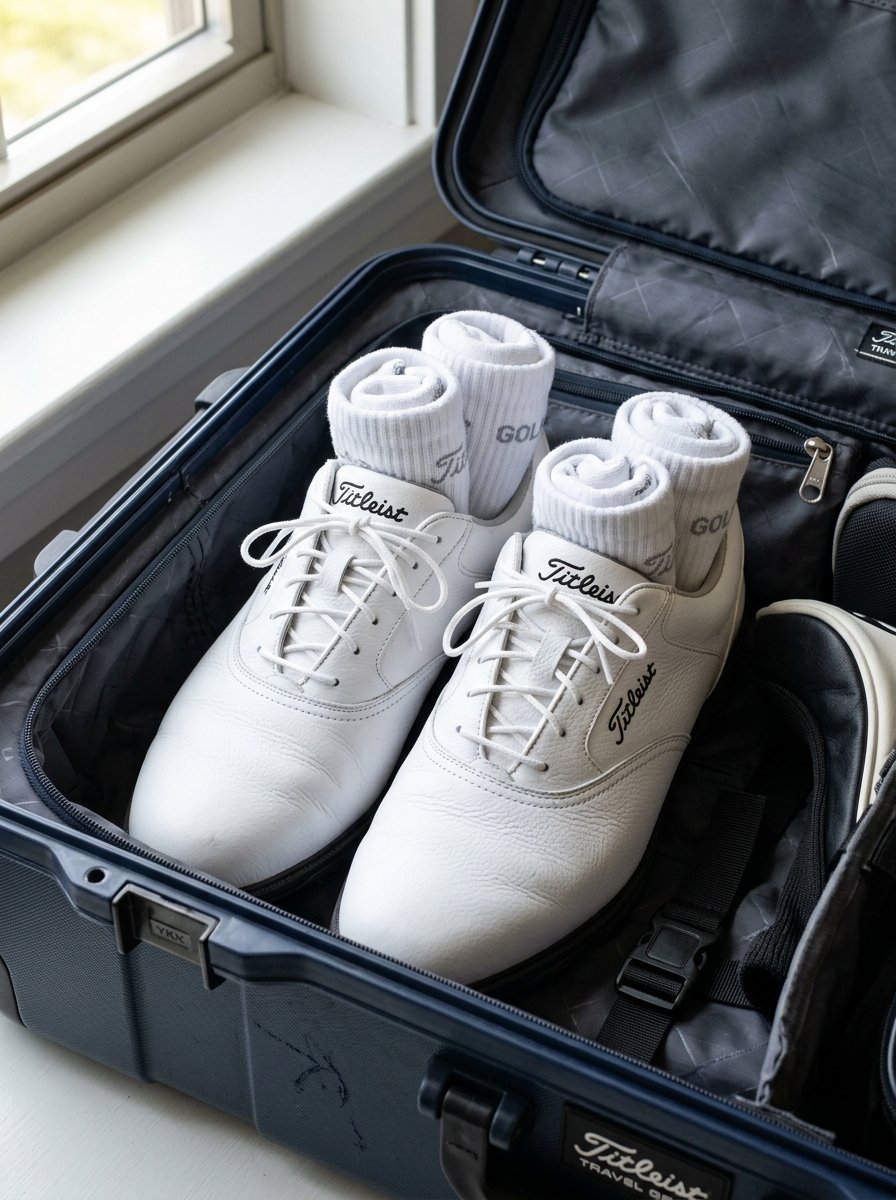 White leather Titleist golf shoes with socks tucked inside a dark blue travel case.
