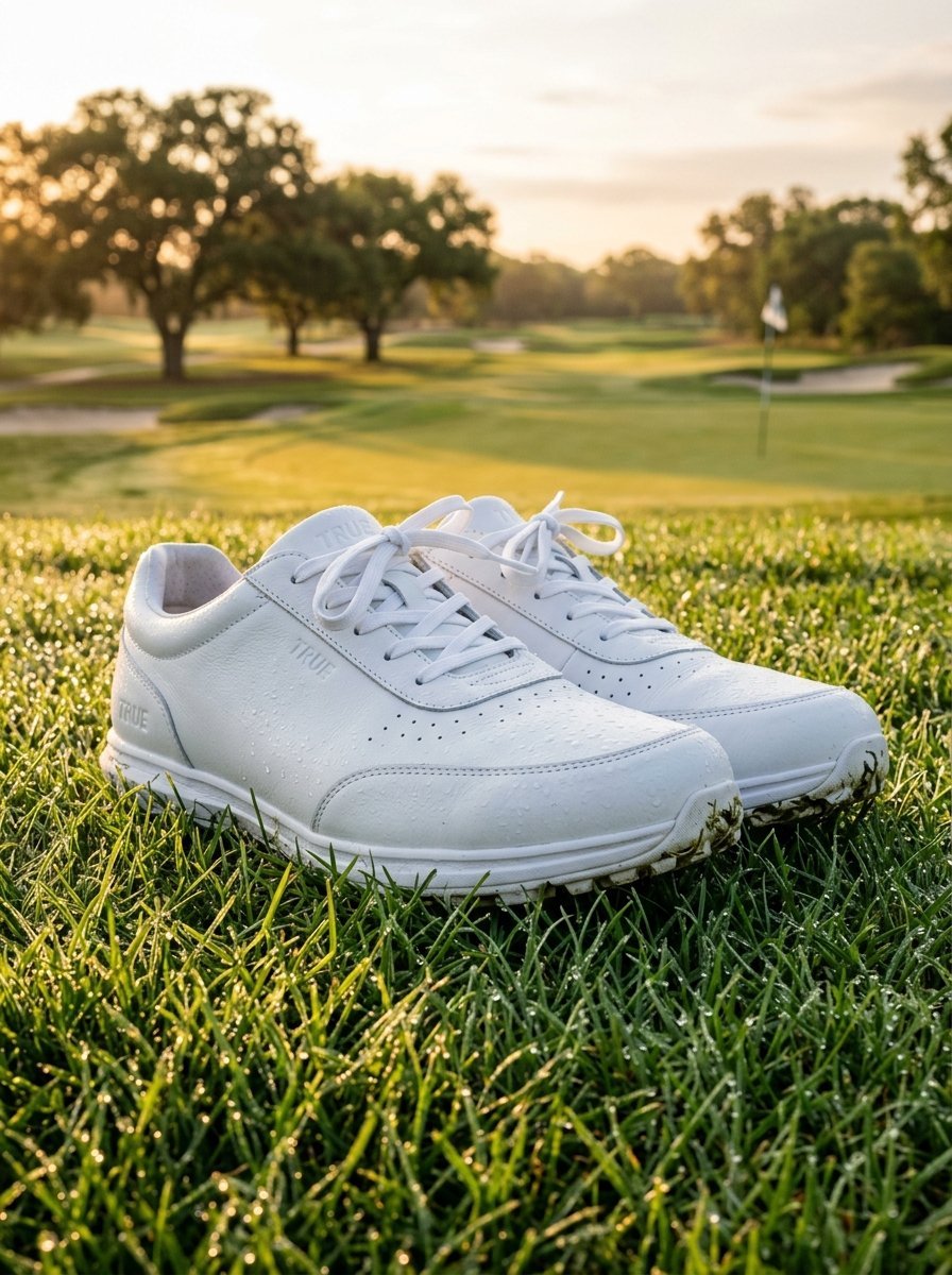 Close up of wet white athletic golf shoes sitting on a green fairway with a golf hole flag in the distance.