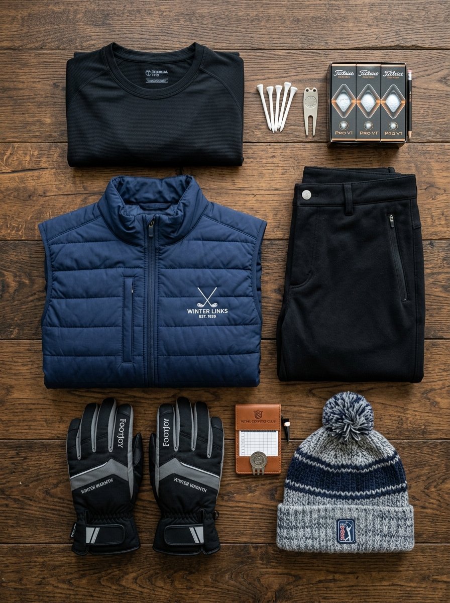 Top-down view of a navy quilted vest, black golf pants, winter gloves, golf balls, and a pom-pom beanie.