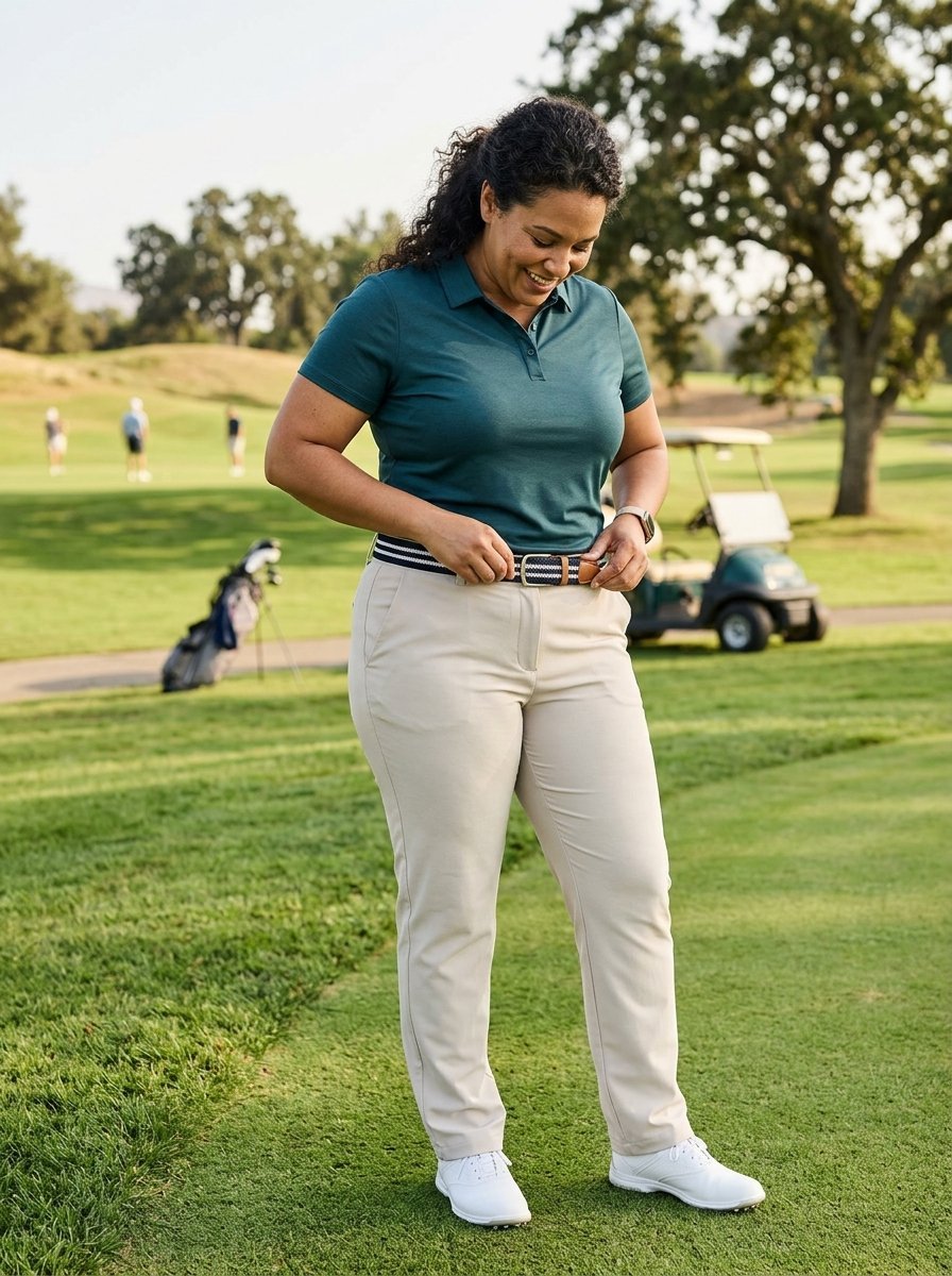 A woman wearing a teal polo and tan pants adjusts her belt while standing on a grassy golf course.