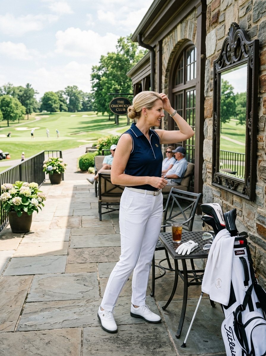 A woman in a navy golf shirt and white pants stands on a stone patio with a Titleist golf bag nearby.