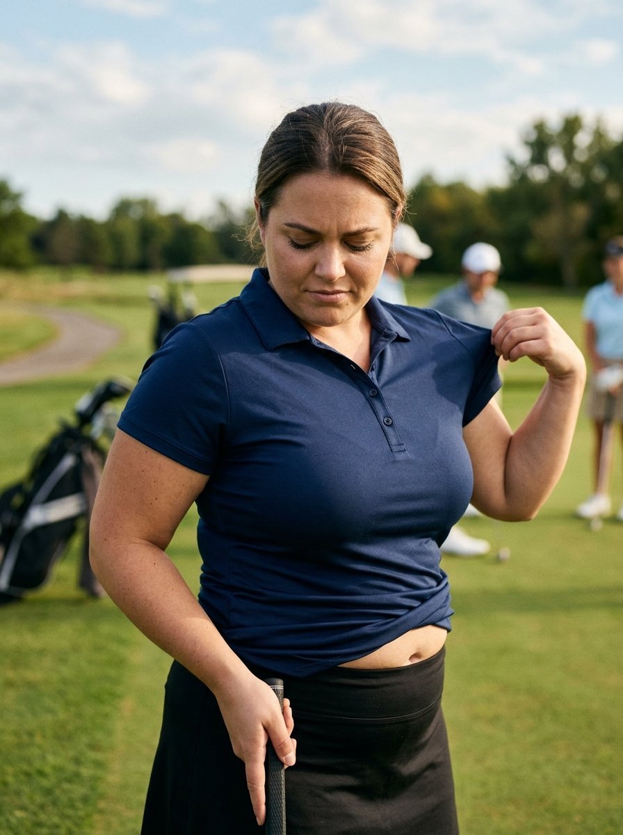 Female golfer on a sunny course pulling at her dark blue short-sleeved polo top.