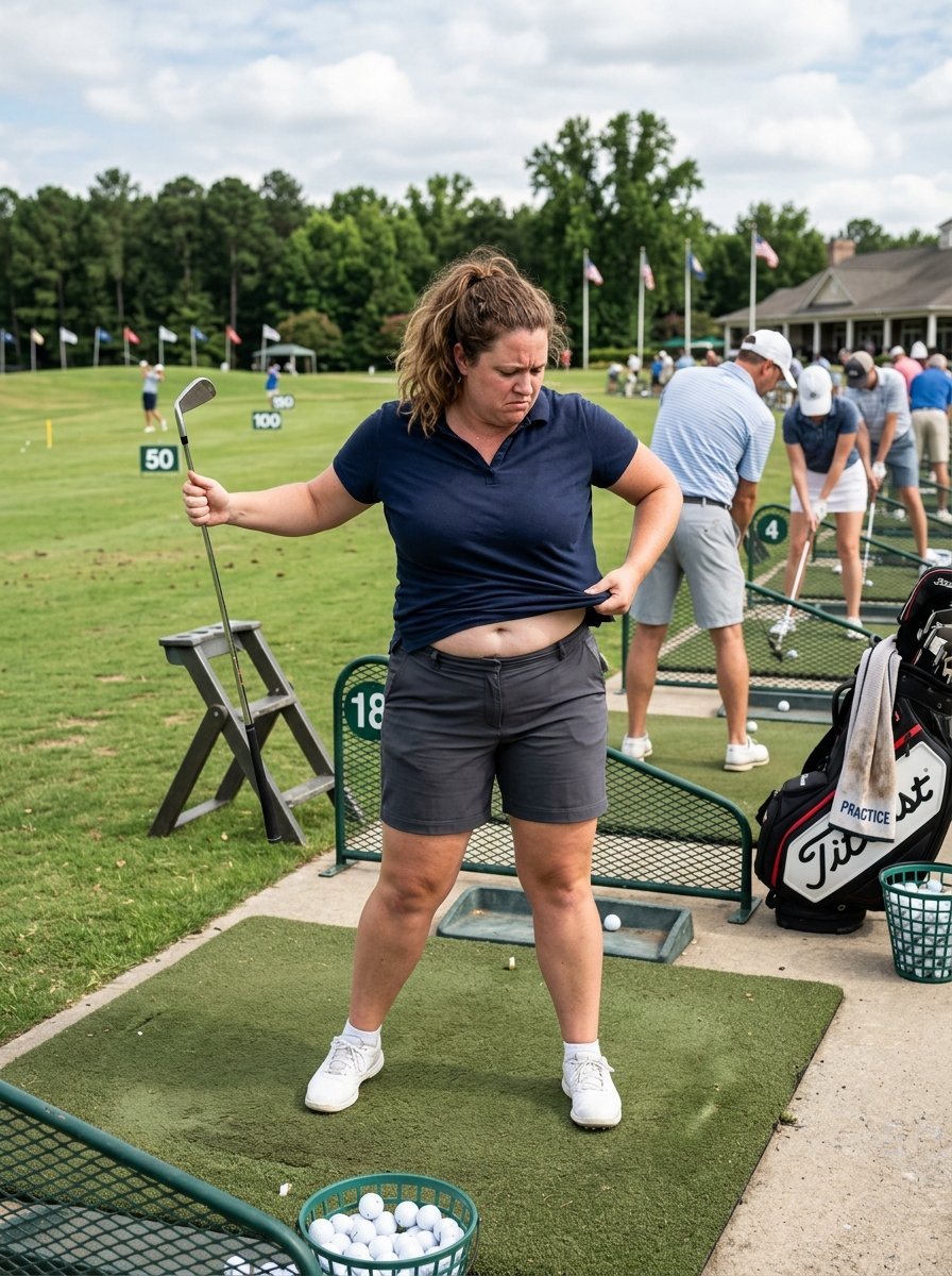 A woman wearing a dark polo shirt and shorts adjusts her top while standing on a golf practice mat.