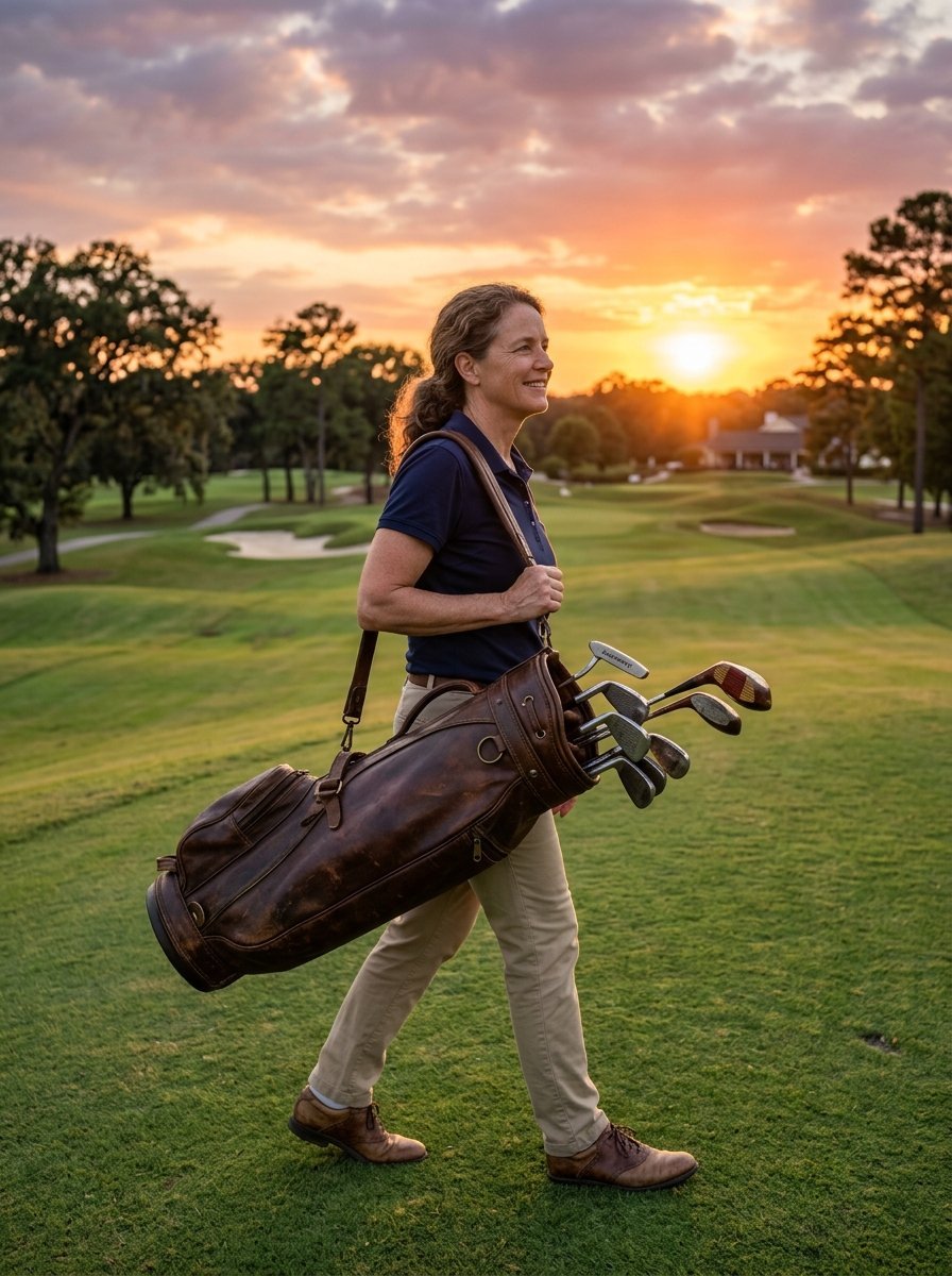 Middle-aged woman in casual golf attire carries a leather club bag on a green fairway at golden hour.