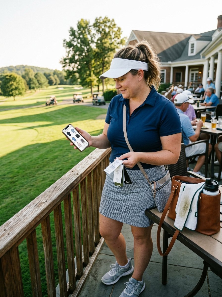 A woman in a golf visor and athletic skirt looks at a shopping app on her phone while standing on a clubhouse deck.