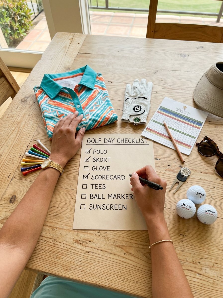 Person holding a pen while marking items on a printed golf checklist surrounded by golf gear on a wooden table.