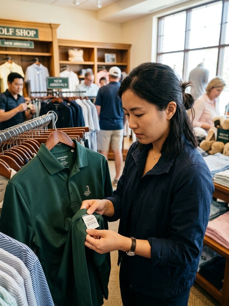 A woman examining the clothing tag on a green collared shirt inside a well-stocked golf retail shop.