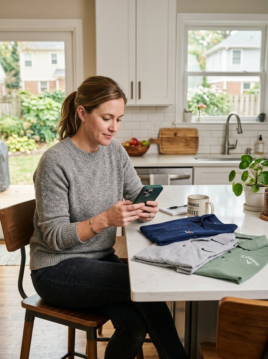 A woman in a grey sweater looks at her phone while sitting at a kitchen island with folded polo shirts nearby.