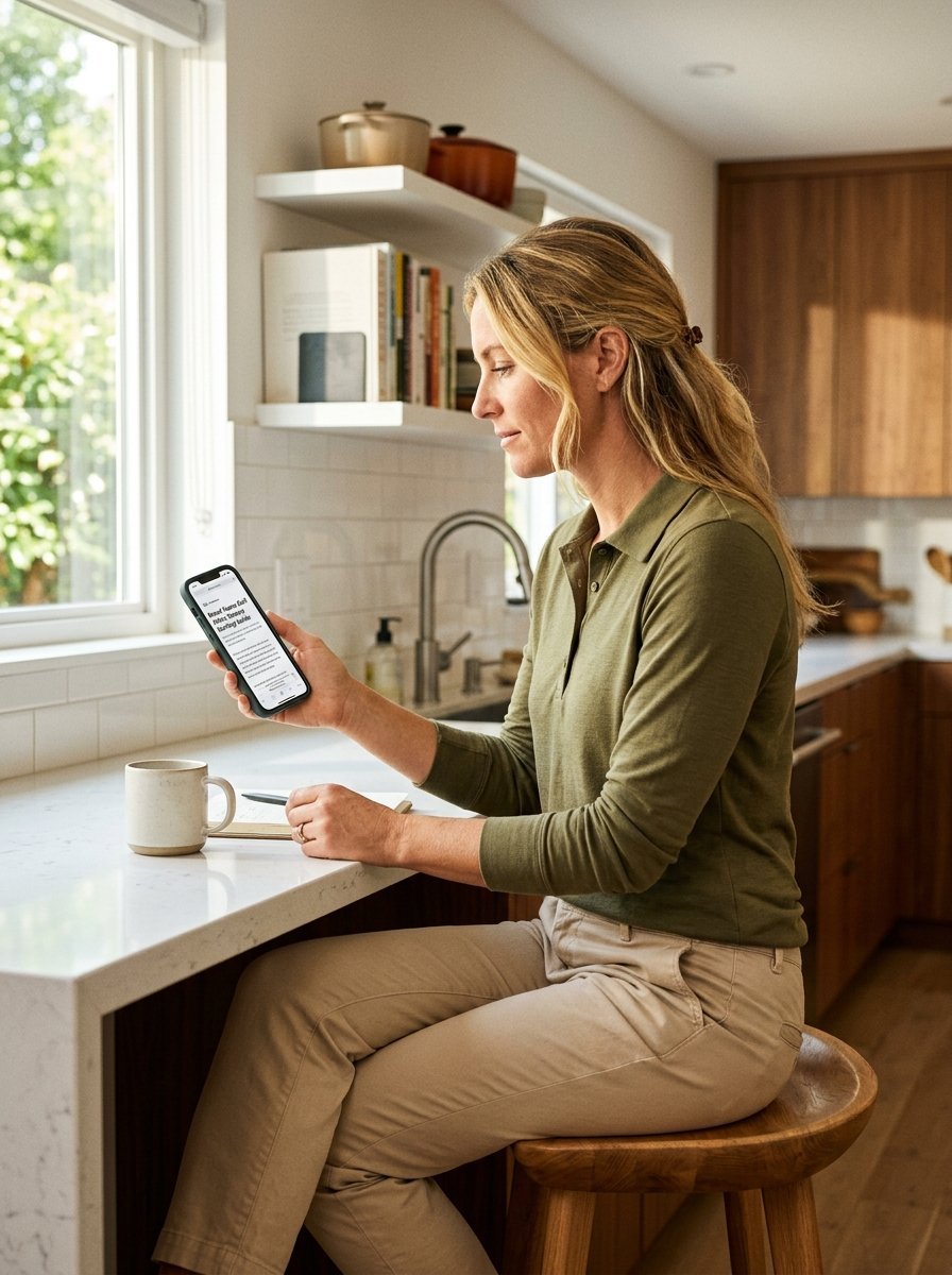 Blonde woman in an olive green top sitting on a wooden stool looking at a smartphone screen in a sunlit home kitchen.