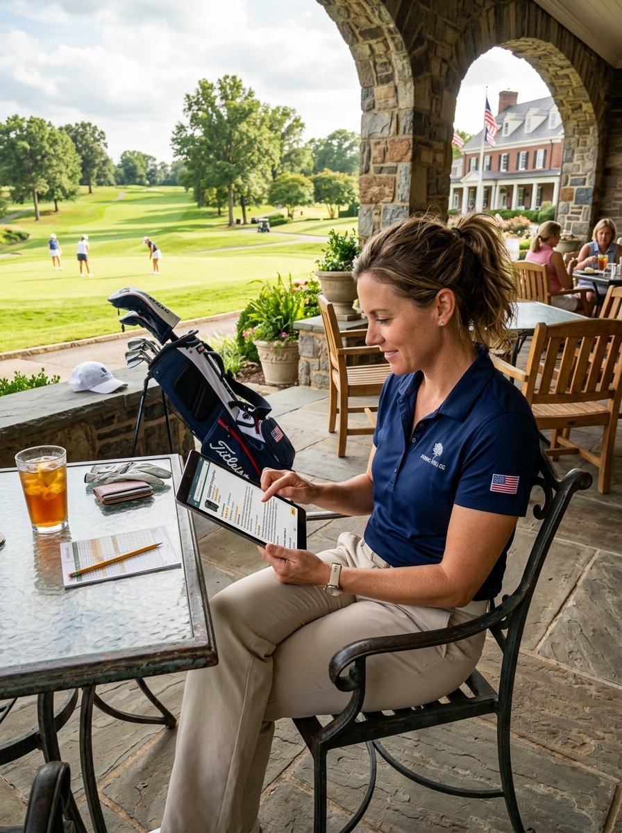 A woman in a navy polo shirt sits on a stone patio using a tablet with a golf bag and scorecard on the table.