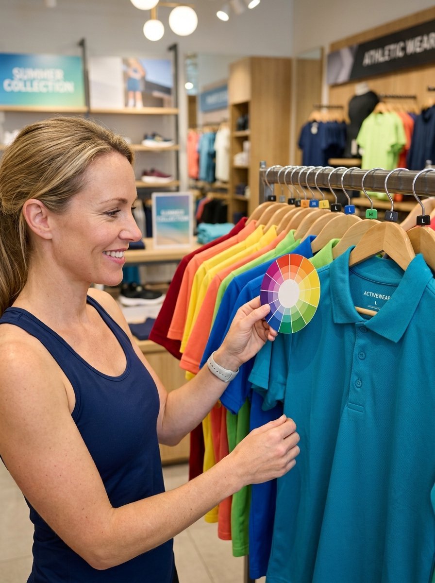 Customer holding a color palette card while shopping for athletic polo shirts in a clothing store.