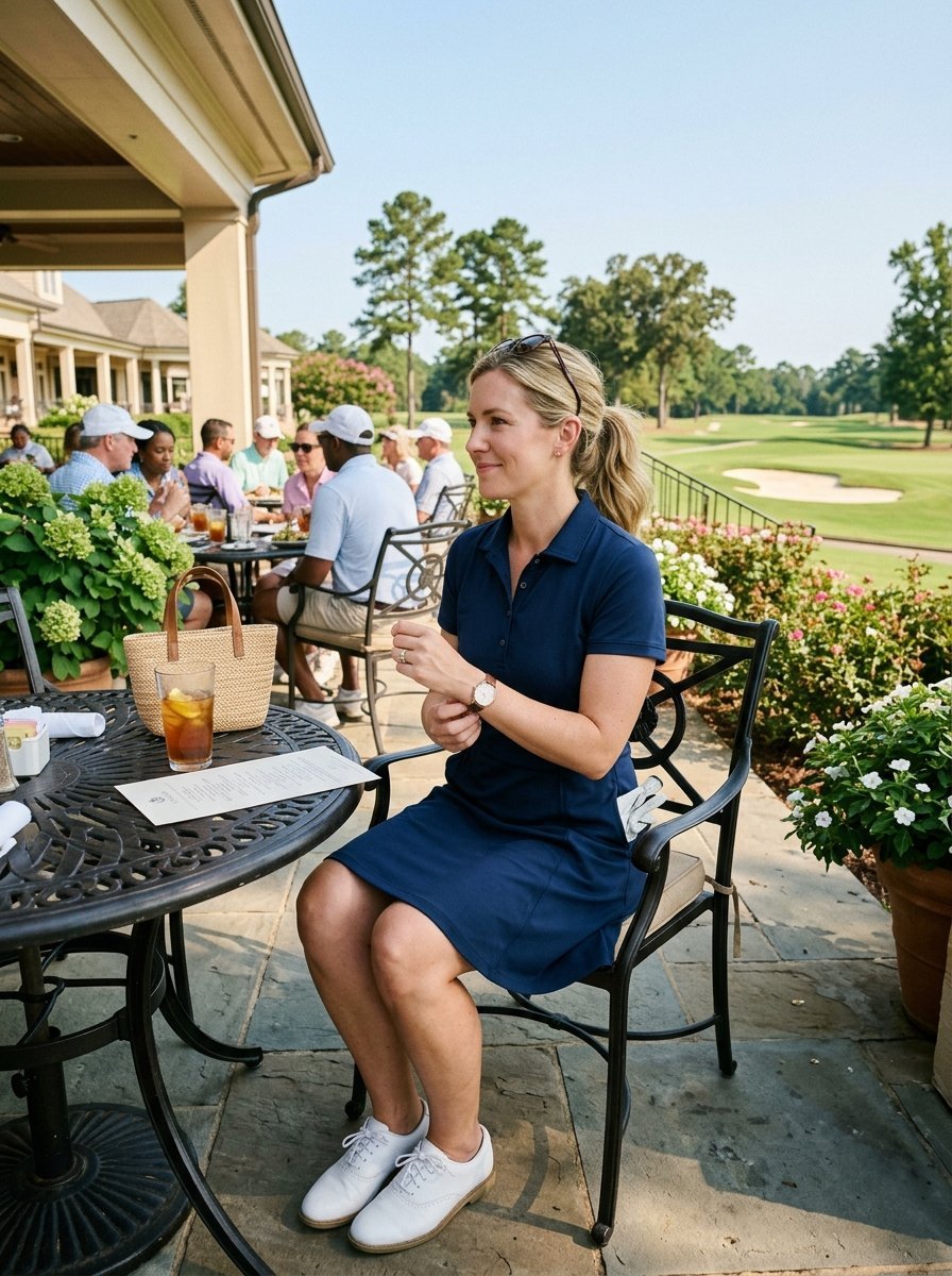Blonde woman wearing a navy athletic dress and white shoes sitting at a round patio table by a golf course.