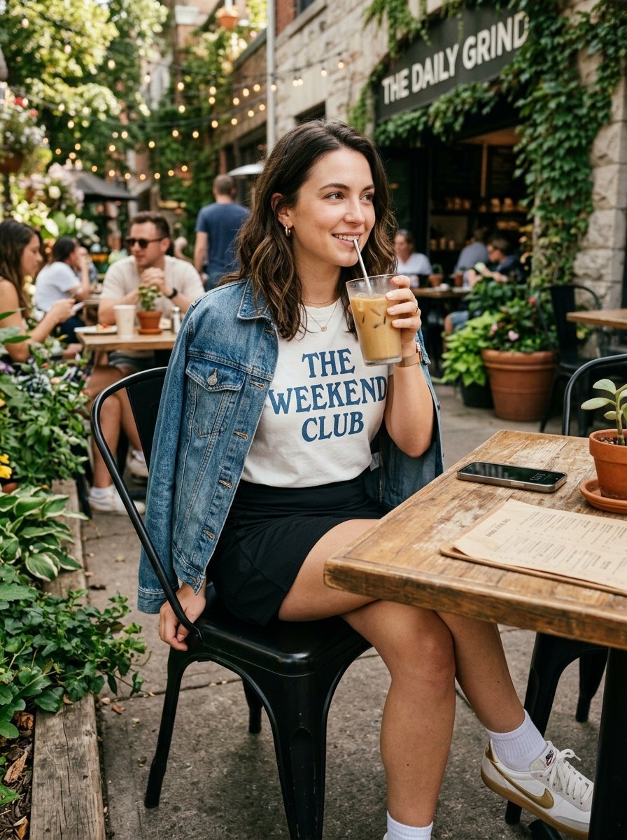 Young woman sitting at an outdoor restaurant table with an iced beverage and wearing a denim jacket.
