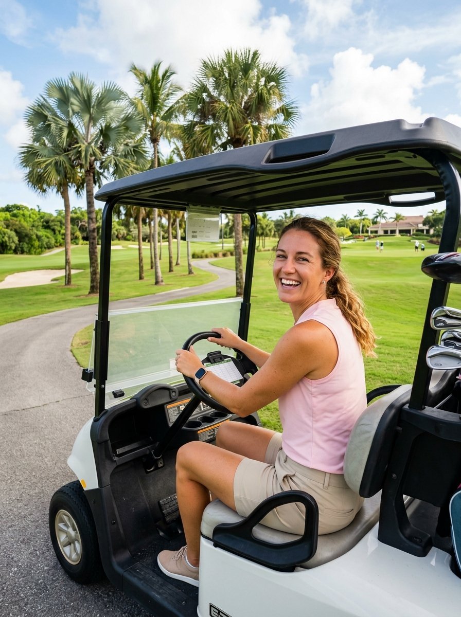 A smiling woman with blonde hair steers a white golf cart through a scenic, palm-lined golf course.