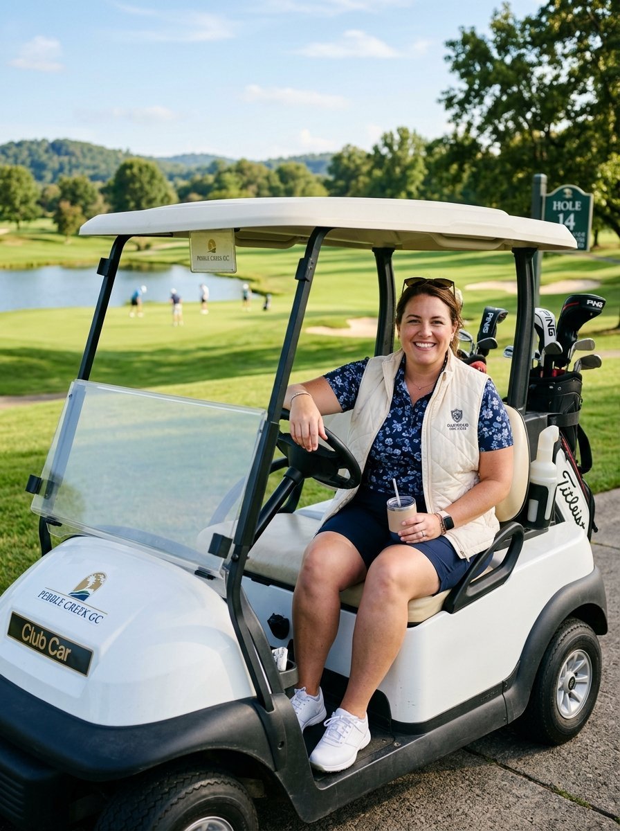 A woman in a floral shirt and vest smiles while sitting in a Club Car golf cart at a sunny course.