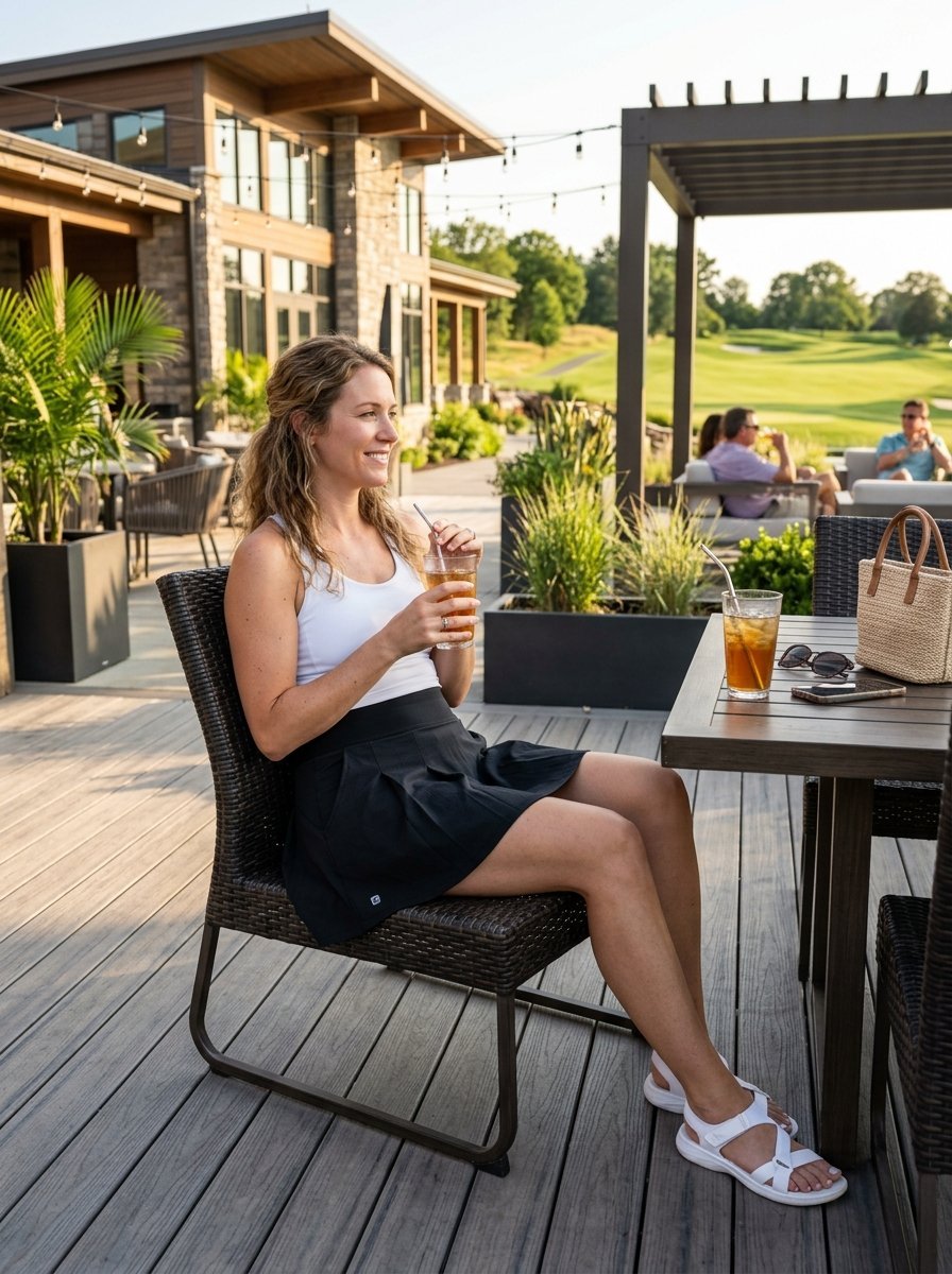 A woman in a skirt and tank top holds a glass of iced tea while seated on a deck overlooking a golf course.