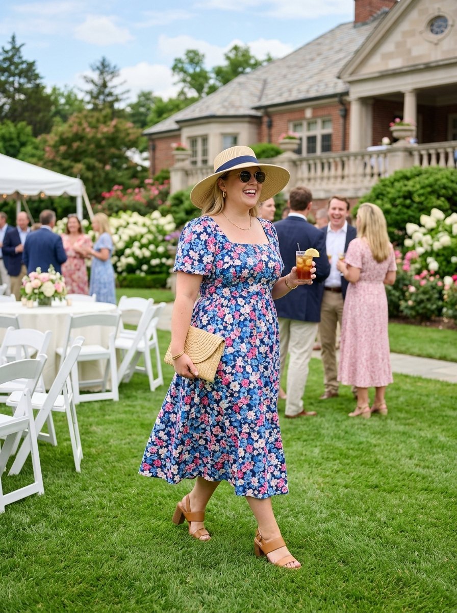 Smiling woman in a blue floral midi dress and sun hat holding a drink at an upscale garden lawn party.
