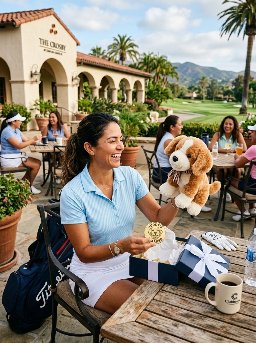 A happy woman holding a stuffed golden retriever puppy toy at a table outdoors near a golf course.