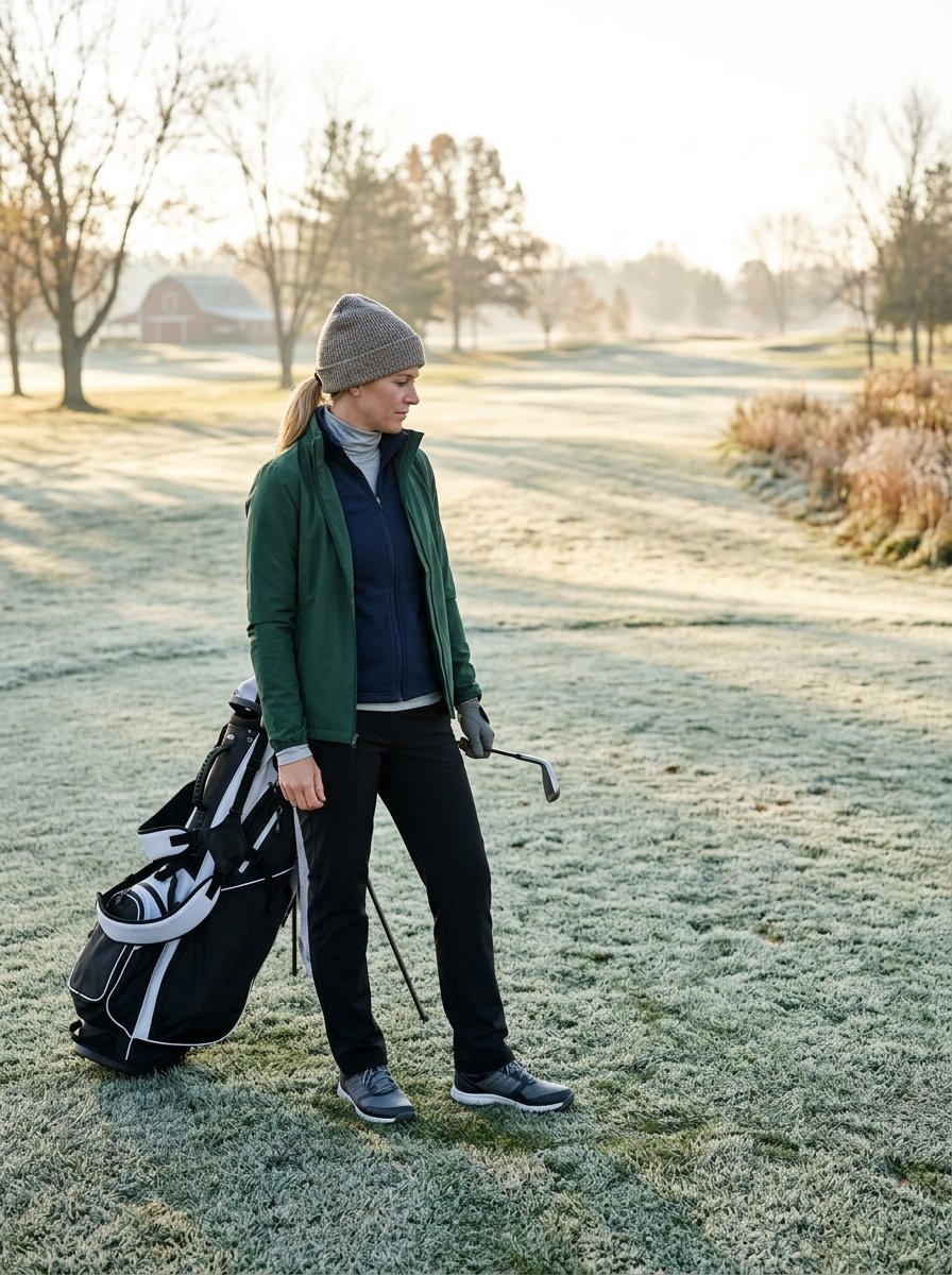 Female golfer in a beanie and green jacket holding a club next to her golf bag on a cold, frost-covered morning.