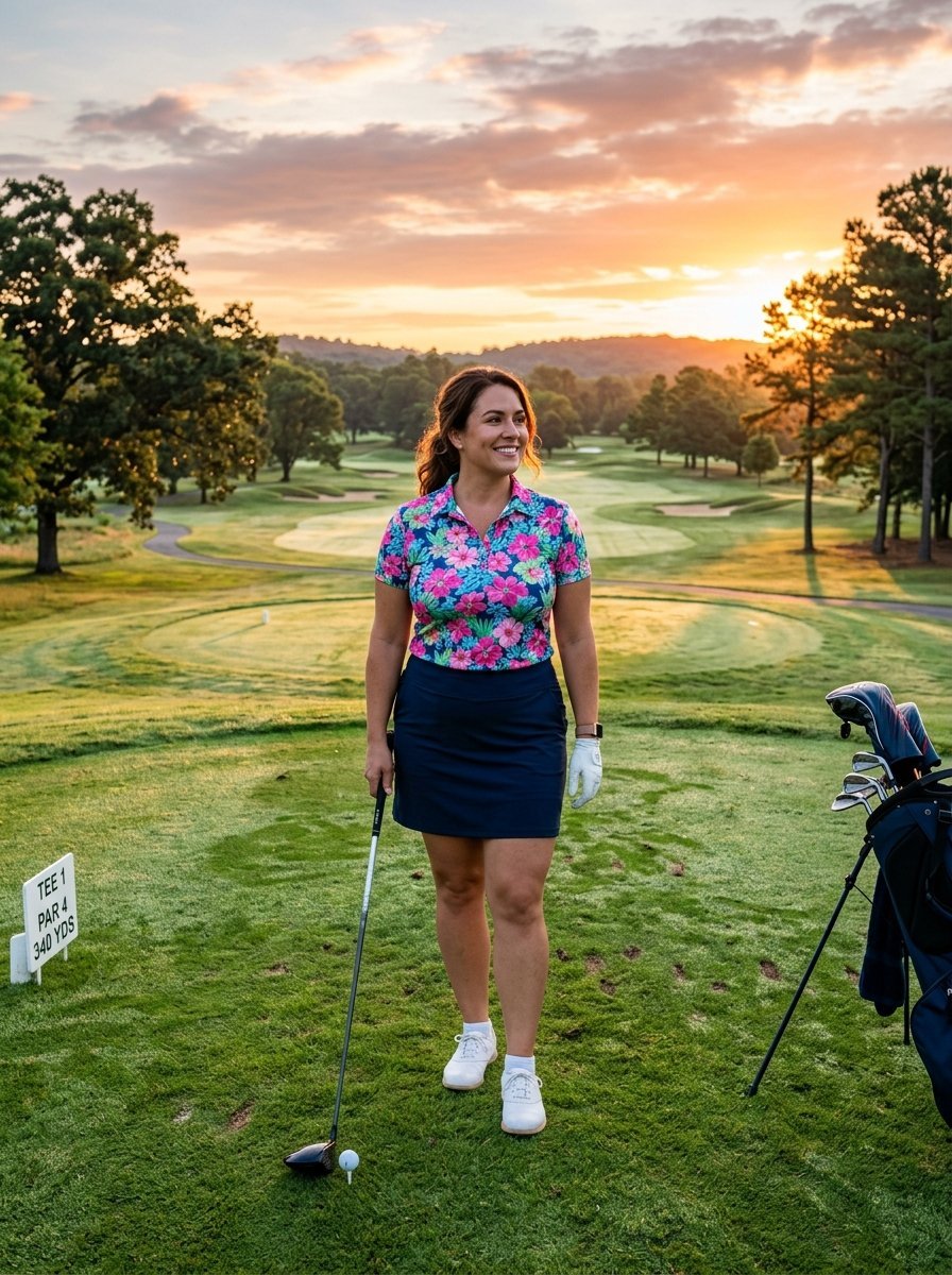 A smiling woman in a floral golf shirt and navy skort holding a driver on a lush green golf course at sunrise.
