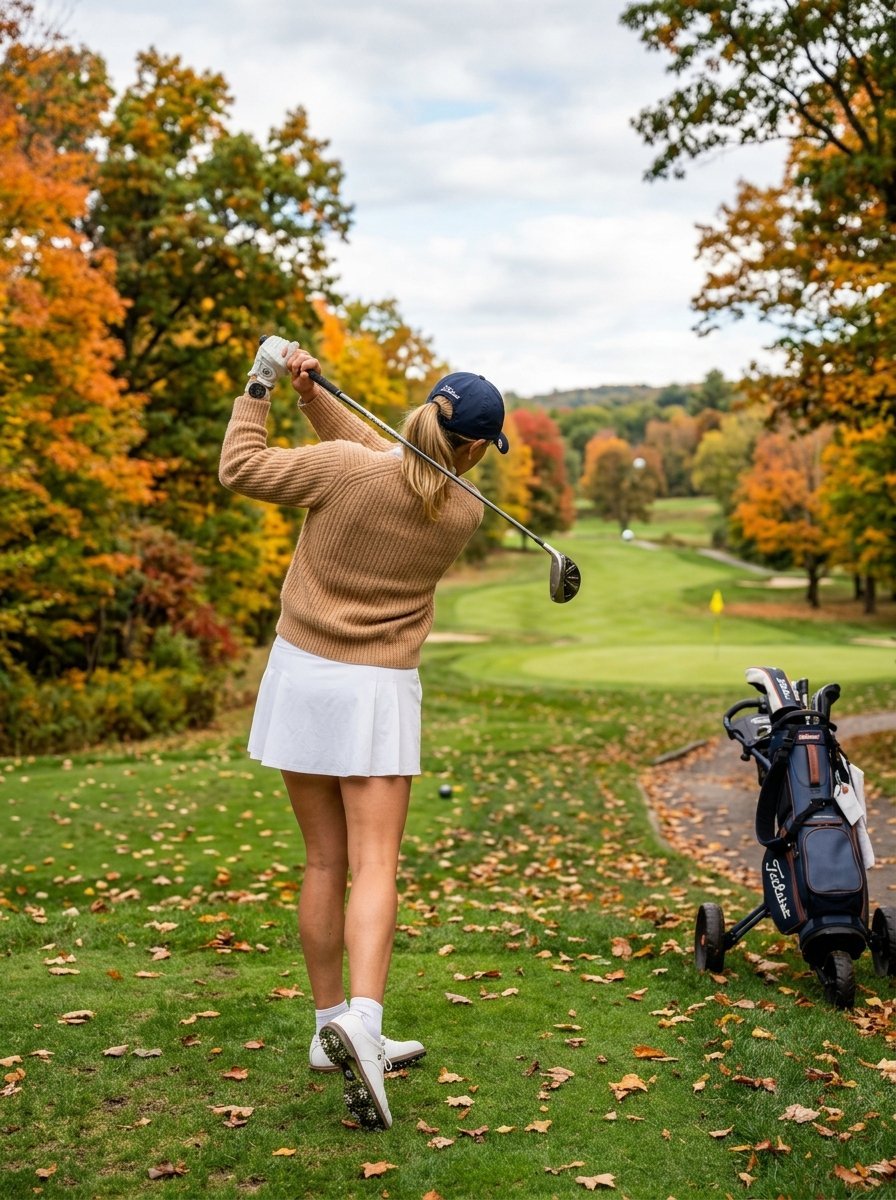 Blonde woman in tan sweater and white skirt hitting a golf ball surrounded by orange autumn leaves.
