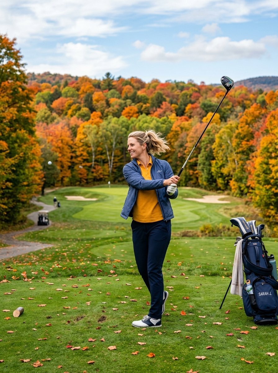 A woman in a blue jacket swings her golf club on a green fairway surrounded by colorful orange and yellow autumn trees.