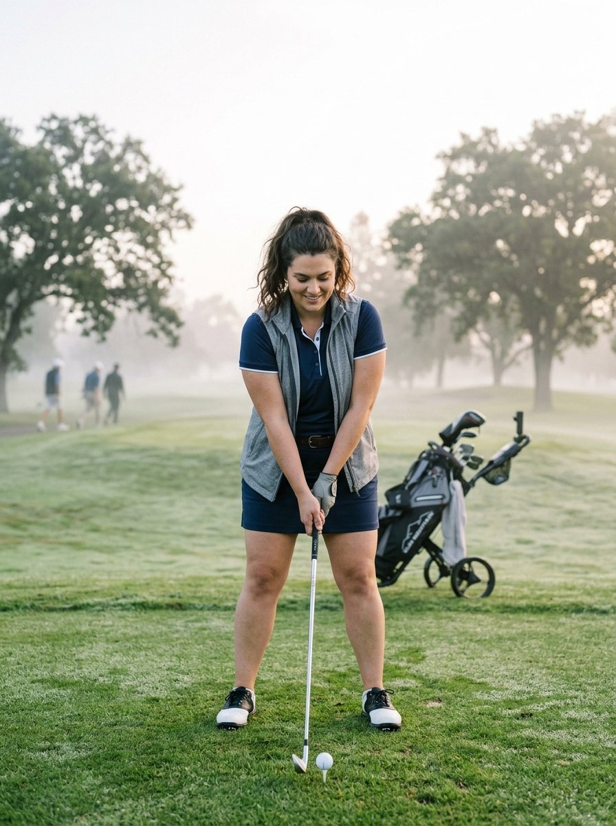 A smiling woman in a golf vest stands on the grass with a club and ball, with a golf bag and foggy trees behind her.
