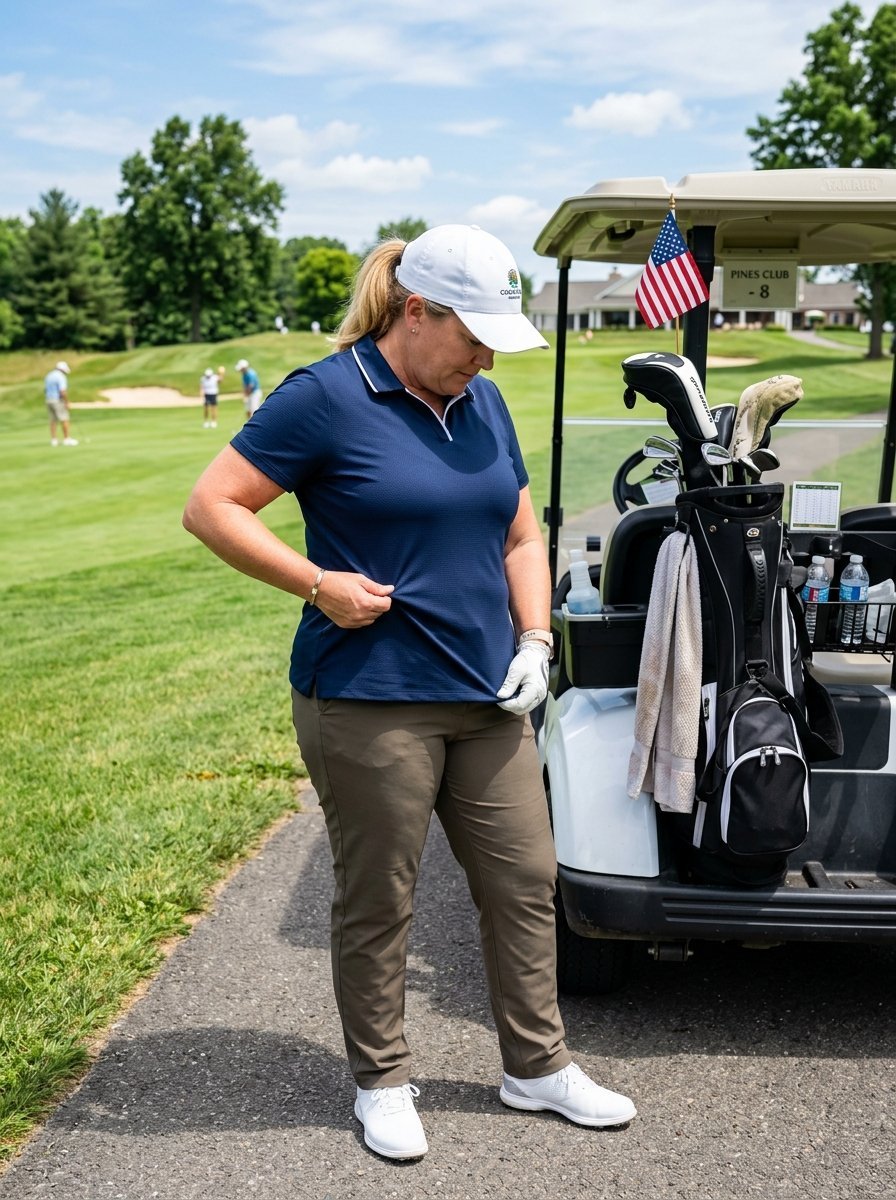 A woman in a white hat and navy polo shirt stands by a golf cart with clubs on a sunny day at the golf course.