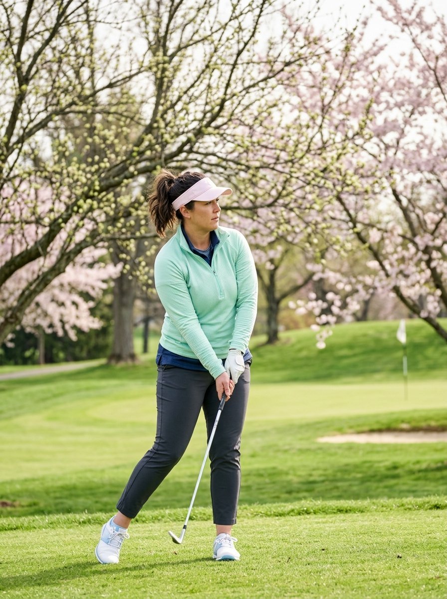 A woman in a mint green pullover swings a golf club on a grassy course surrounded by blooming cherry blossom trees.