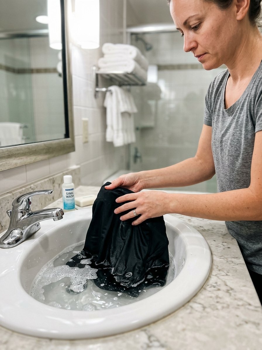 Person gently scrubbing a black garment in a soapy bathroom basin under running water.