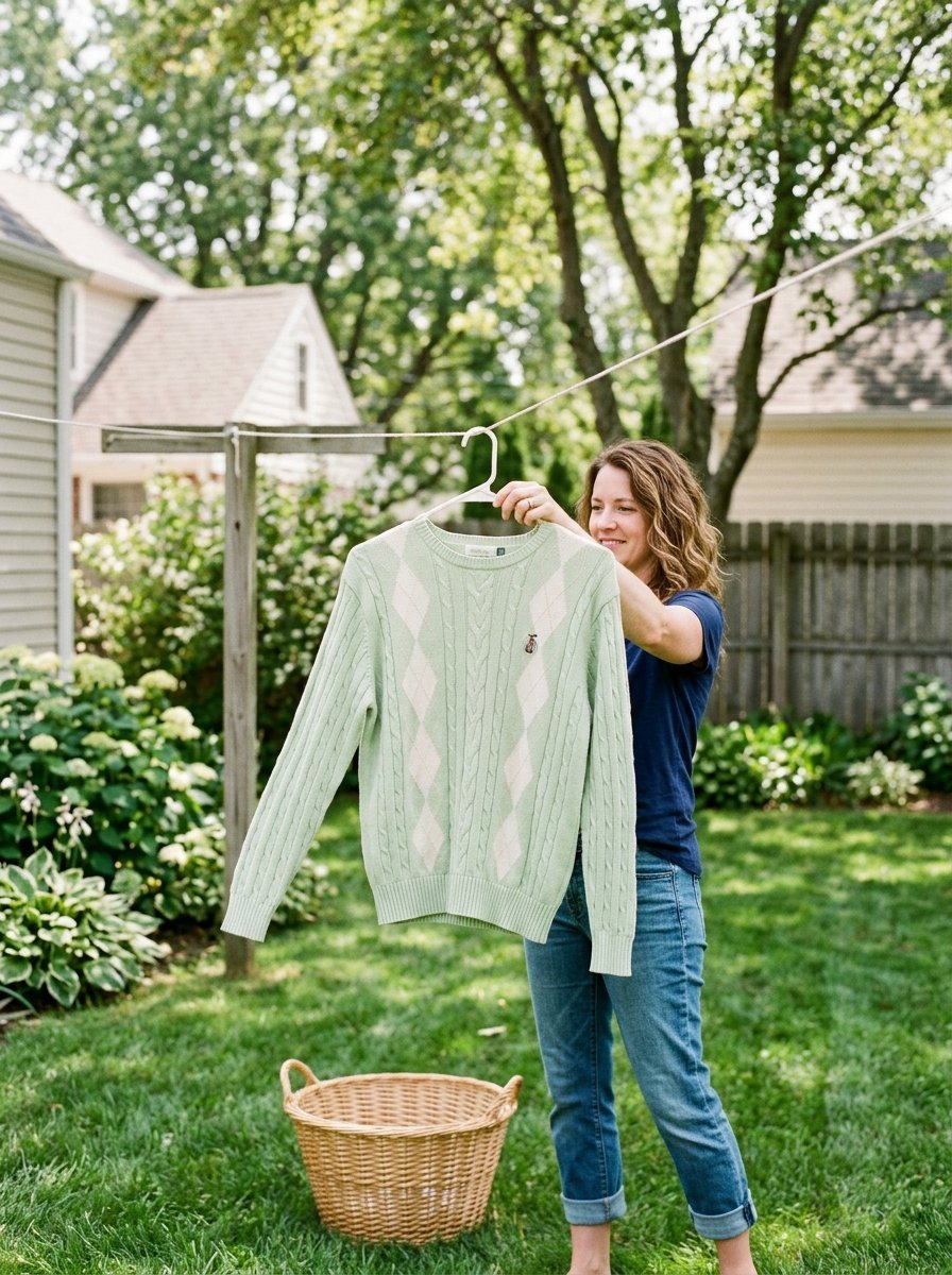 Smiling woman in jeans holding up a pastel green argyle sweater on a hanger in a sunny backyard.