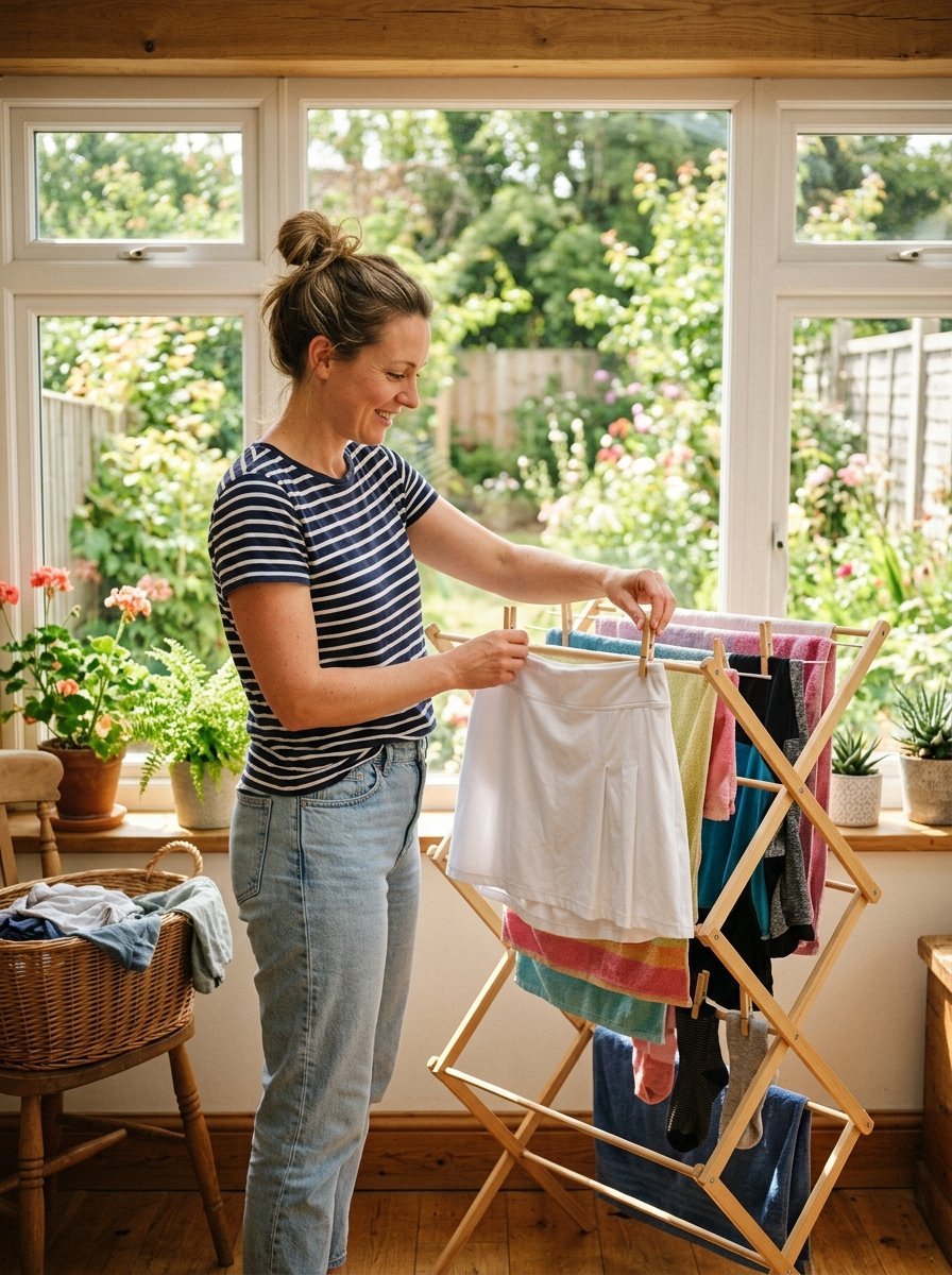 Young woman in striped shirt hanging a white skirt on a wooden drying rack by a bright window.