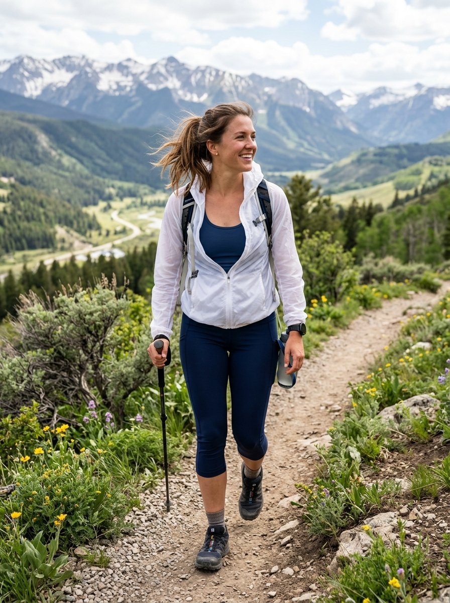Young woman with a ponytail walking on a rocky trail with snow-capped mountain peaks in the background.