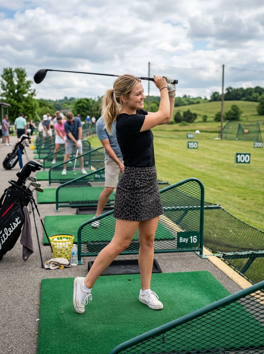 A woman in a leopard print skirt swings a driver at a public golf practice facility.