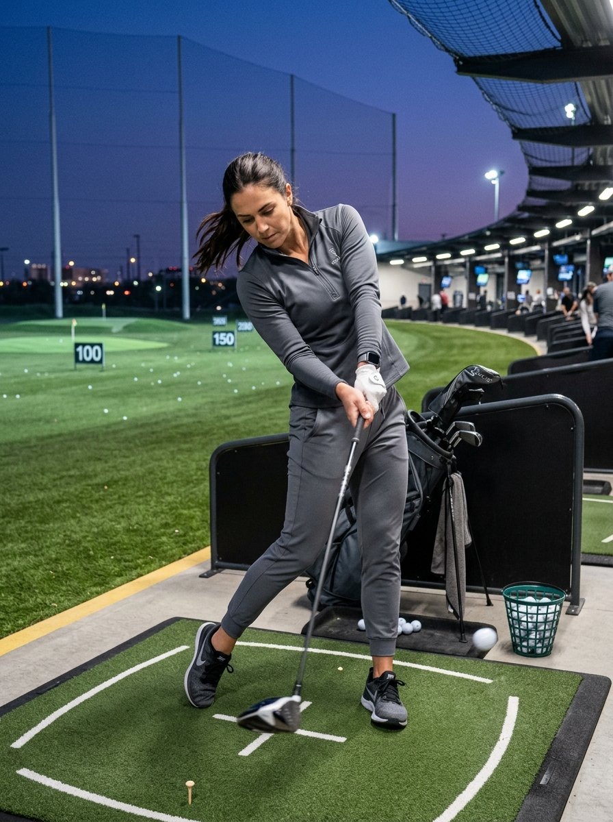 Woman in grey athletic wear swinging a golf club on an artificial turf mat at an outdoor range after sunset.