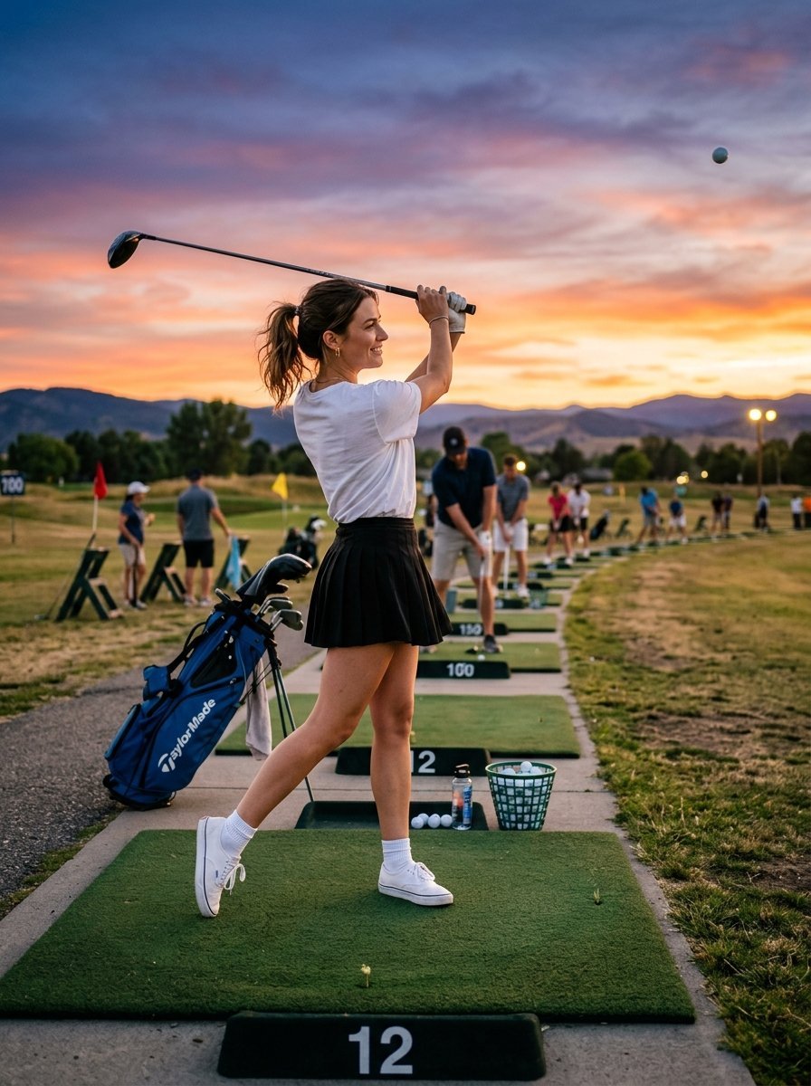 Young woman in a black skirt and white shirt practicing her golf swing at a driving range at dusk.