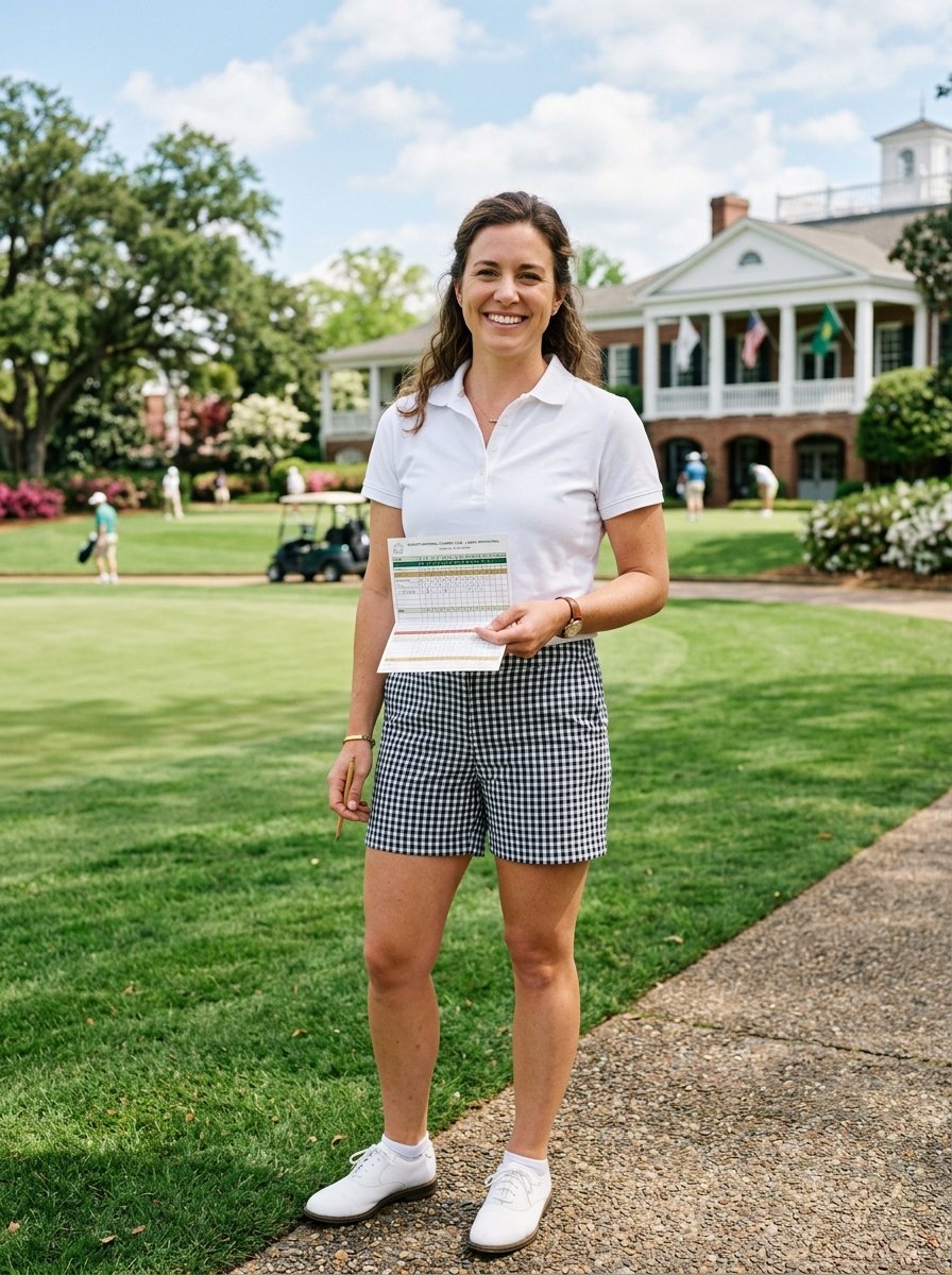 Smiling woman in white polo and gingham shorts holding a scorecard on a sunny golf course.