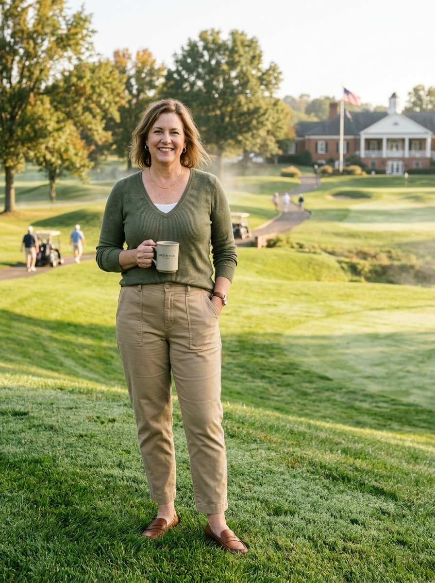 A woman in a green sweater stands on a lush golf course green holding a mug with a clubhouse in the distance.