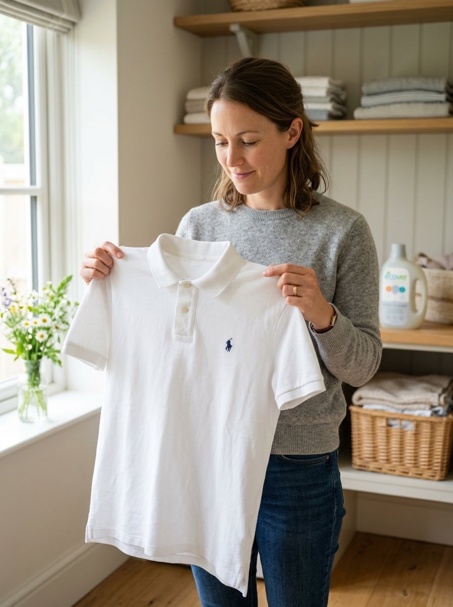 A woman wearing a grey sweater holds up a clean white polo shirt in a bright, organized utility room.