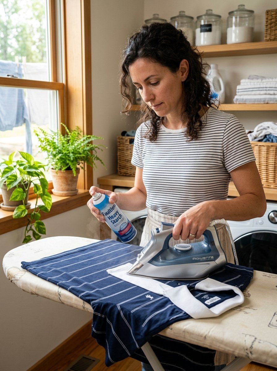 A woman in a striped top uses a spray can of starch on a blue shirt before ironing it on an ironing board.