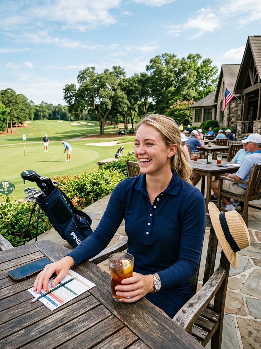 A blonde woman in a navy polo shirt sits at an outdoor table with a score card and iced tea, overlooking a putting green.