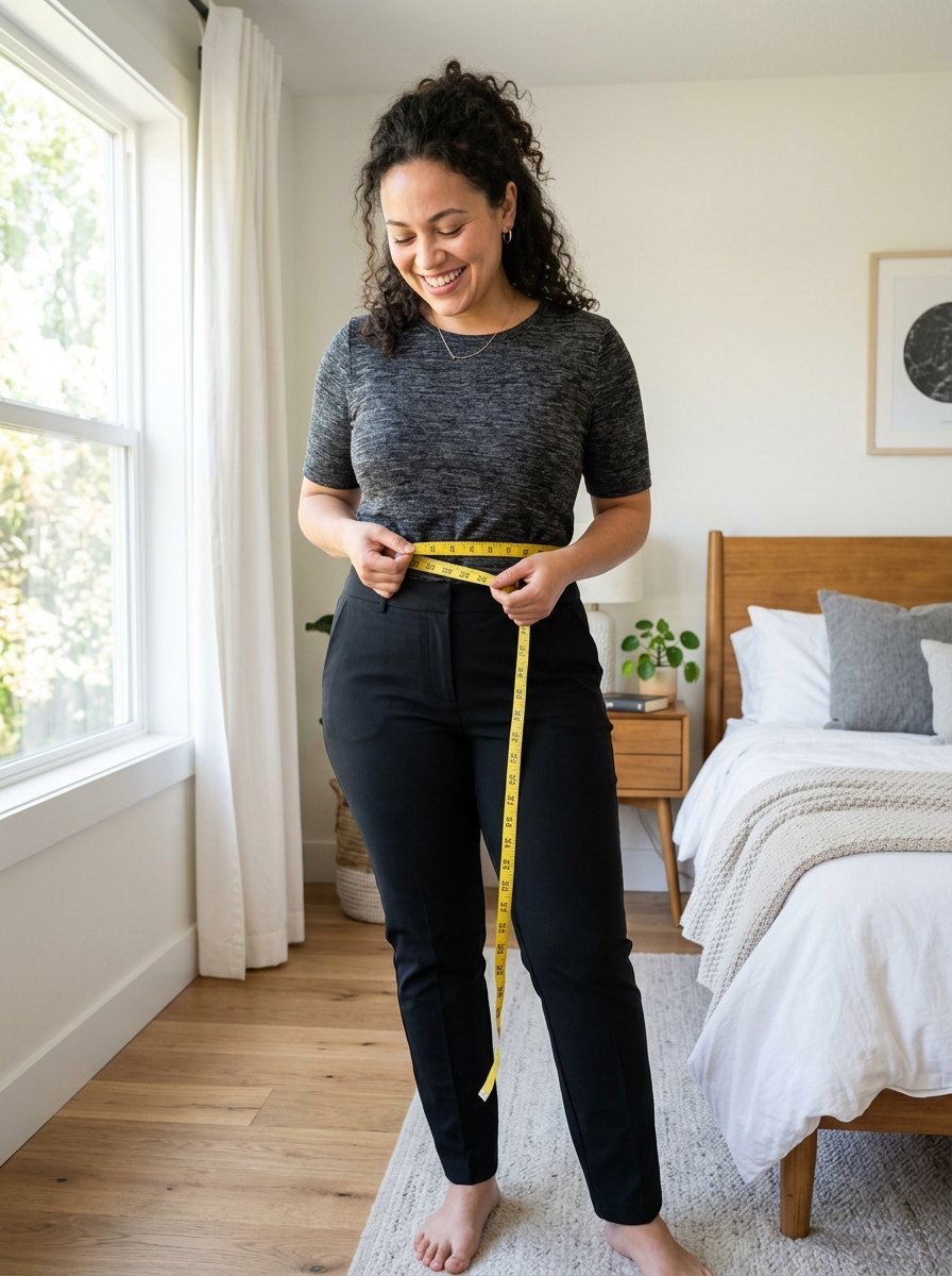 A woman with curly hair wearing a grey top and black pants measures her waist with a yellow measuring tape.