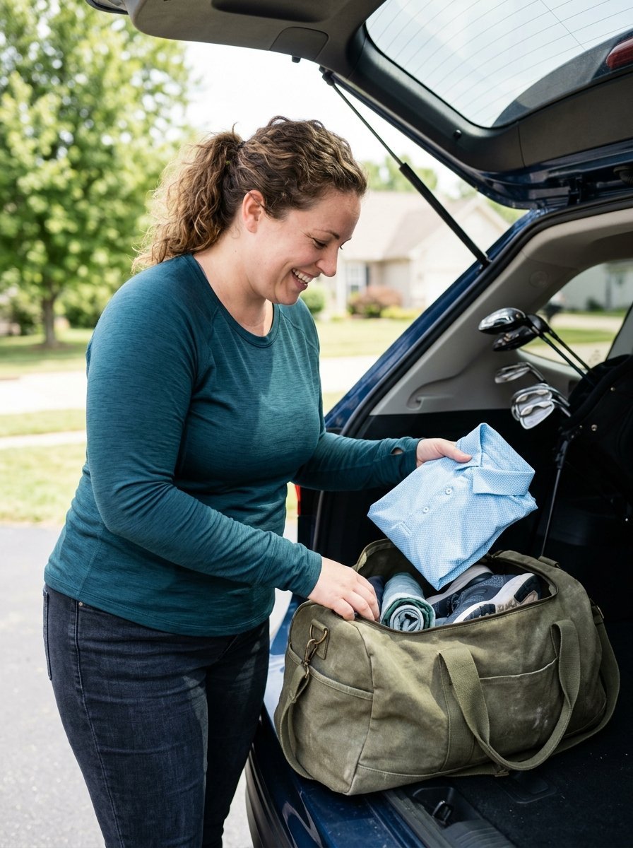 Woman in a teal long-sleeve shirt packing a blue polo shirt into an olive green duffel bag in an open SUV trunk.