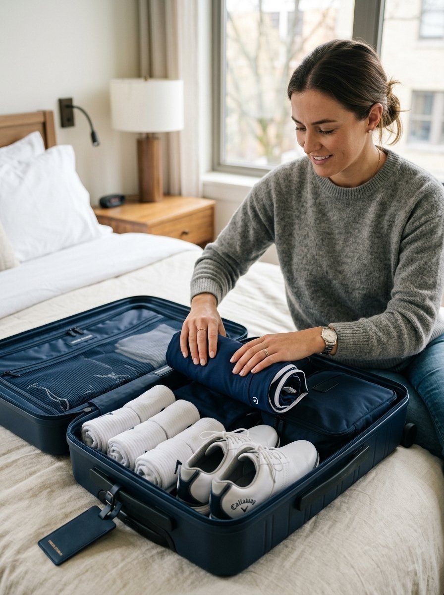 A woman in a grey sweater packing golf shoes and folded clothes into an open navy blue suitcase on a bed.