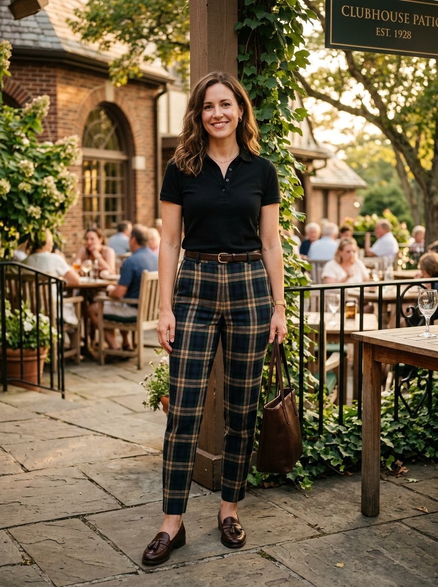 Portrait of a smiling woman in a black polo shirt and green and gold plaid pants holding a leather tote bag.