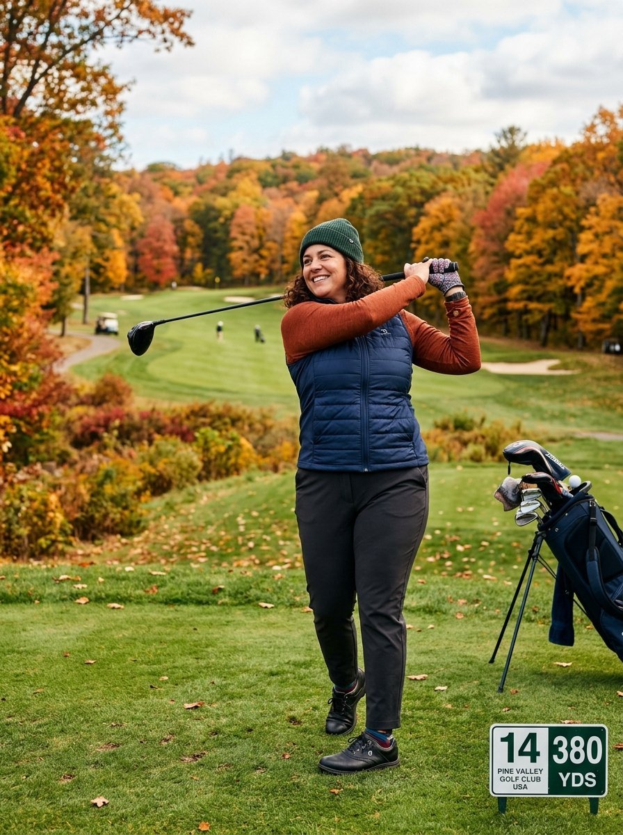 A woman wearing a beanie and vest takes a golf swing on a course surrounded by vibrant orange and yellow fall trees.
