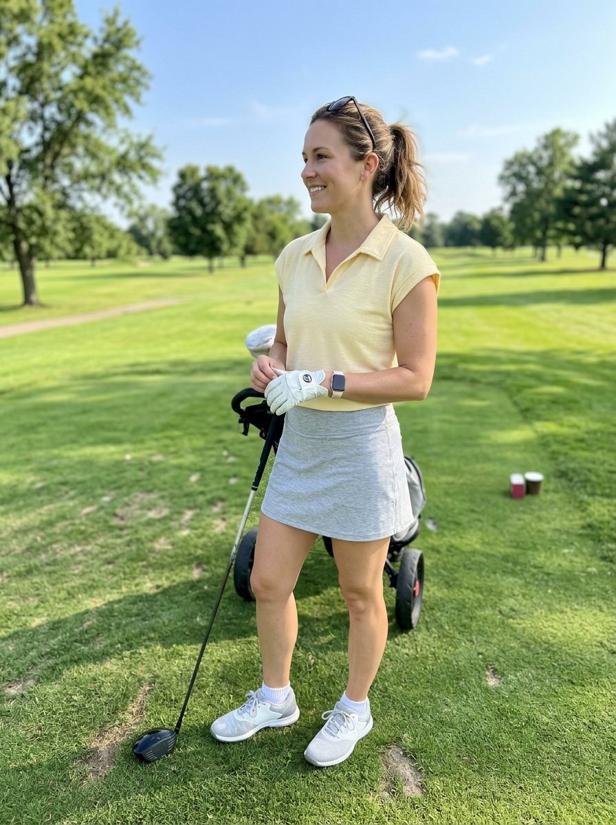 Golfer in a yellow polo and grey skirt standing on green grass next to her golf bag.